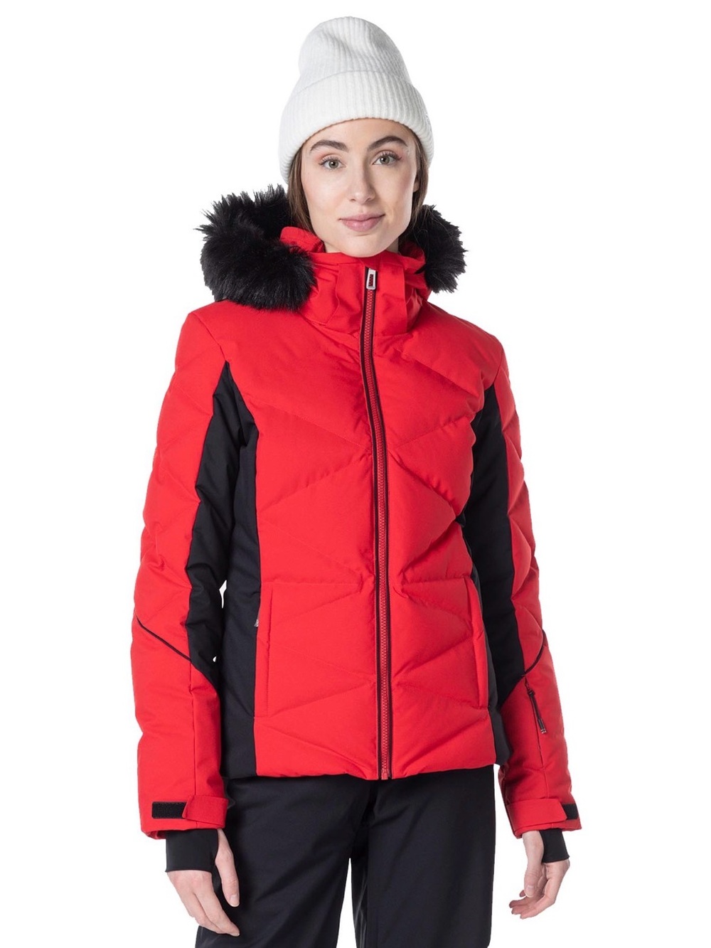 Rossignol Red and Black Women's Ski Jacket with Faux-Fur Hood